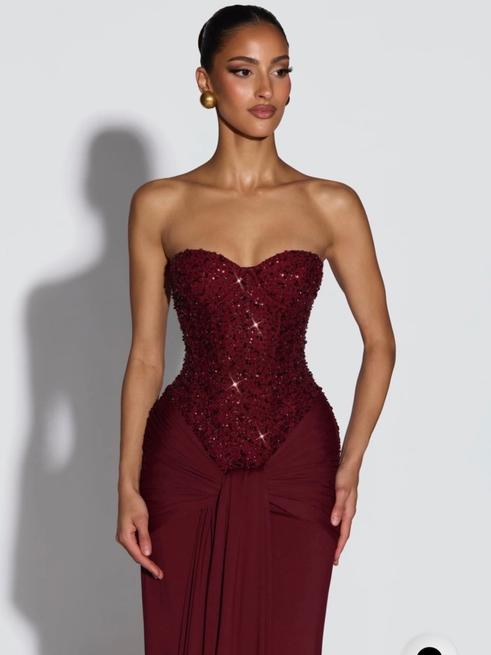 Strapless Beaded Bordeaux Evening Gown